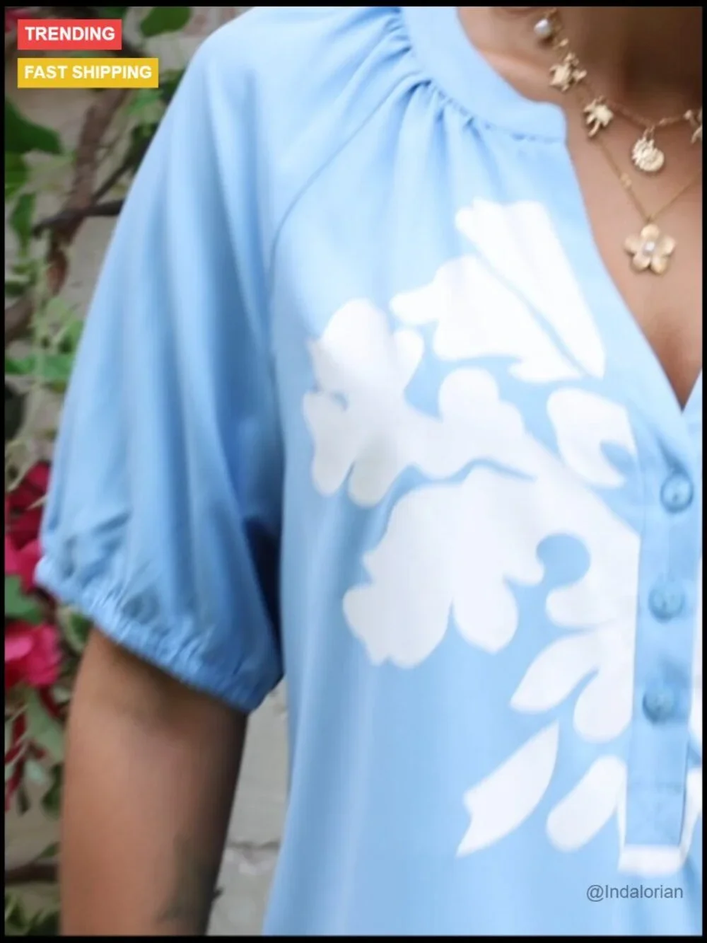 Puff Sleeve Mini Dress with Pockets, Floral Print, V-Neck - Picture 6 of 6